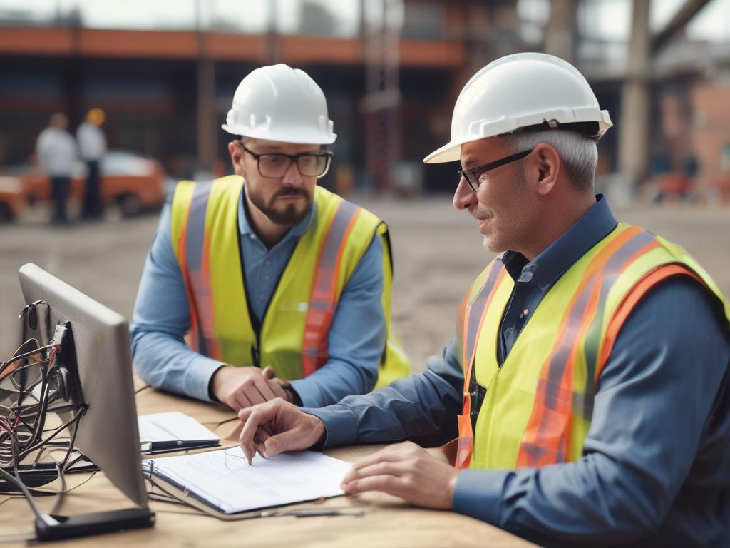 A close-up shot of an IT consultant discussing technology with a construction team on-site. Tools and equipment are visible around them, illustrating a collaborative environment. Shot with a 45mm f/1.2 lens, the image captures the essence of teamwork and technology in construction.