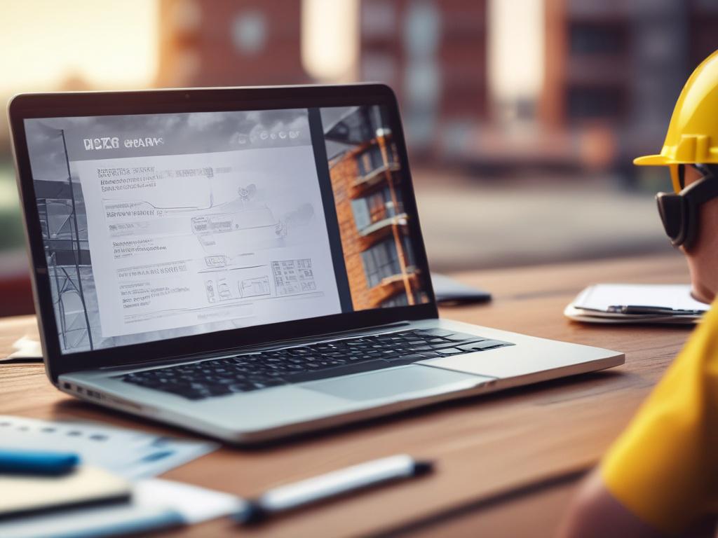 A close-up shot of a laptop displaying a cloud project management software interface. The background features a blurred construction site, emphasizing the connection between technology and construction management. Shot with a 45mm f/1.2 lens, the image should be clear and professional.