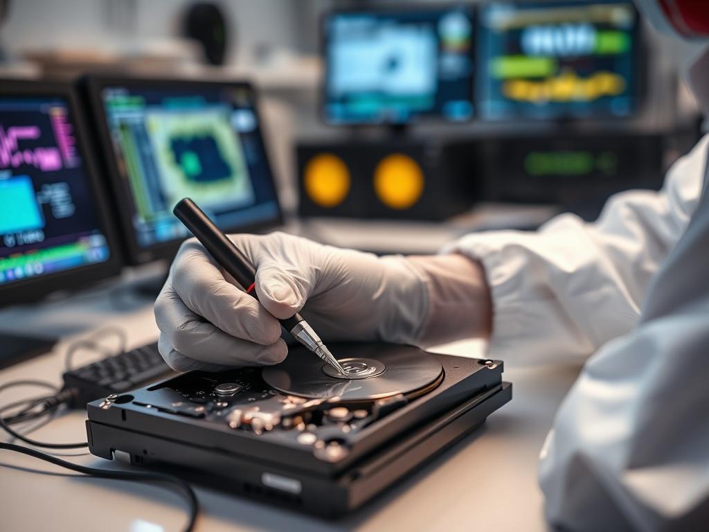 A close-up shot of a forensic analyst examining a computer's hard drive in a professional lab setting. The focus is on the analyst's hands with gloves, holding specialized tools, while the background shows blurred computer equipment and data analysis screens, creating an atmosphere of high-tech investigation. The lighting is bright and focused on the subject, emphasizing the precision and detail of forensic analysis.