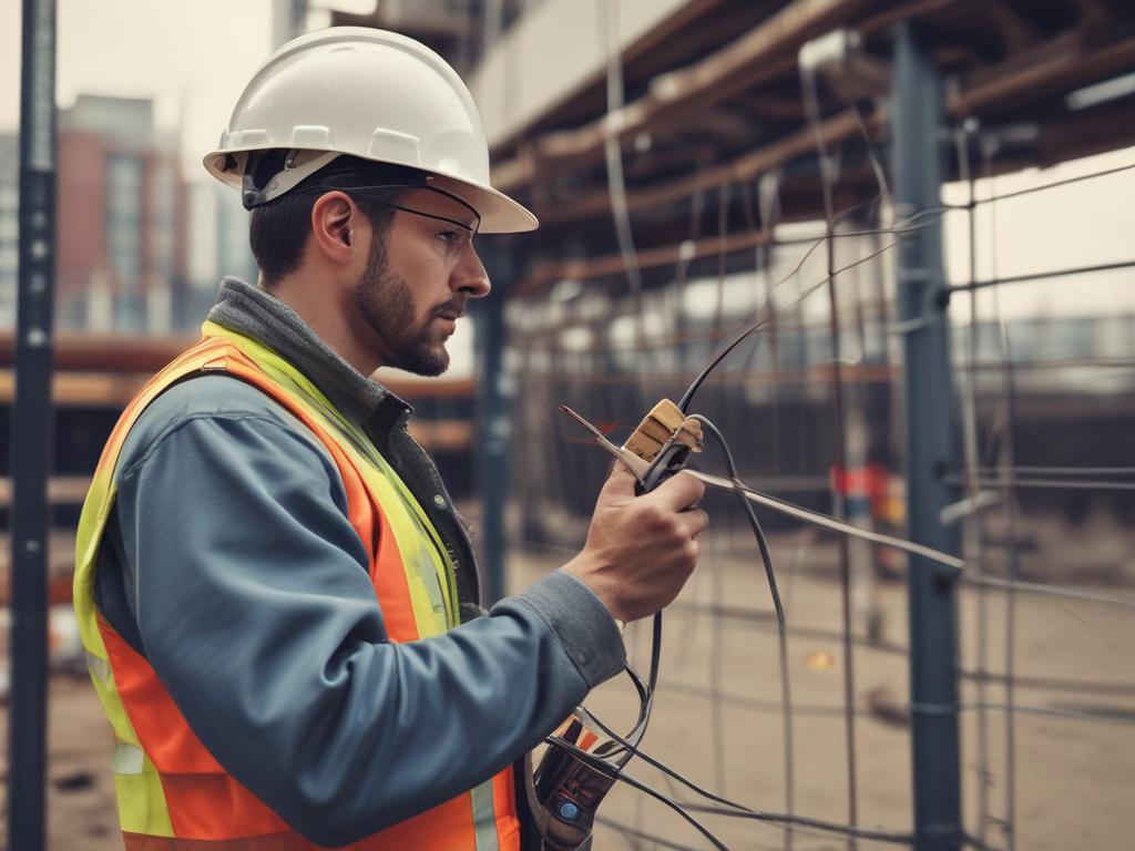 Create a realistic high-resolution photo of a construction site IT support technician working on setting up network cabling at a construction site. The technician is focused on installing cables while wearing safety gear, surrounded by construction materials and equipment in the background. The image should capture the essence of technology and construction, with a simple and clear composition. Use a 45mm f/1.2 lens style for a close-up shot, emphasizing the technician and the cabling work, with the primary