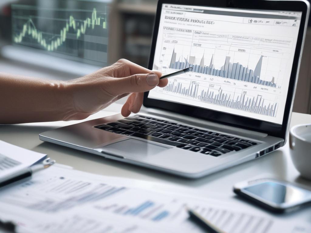 A hyper-realistic close-up shot of a consultant analyzing data on a laptop screen, showcasing graphs and charts related to Payroll and ERP systems. The background should be softly blurred to emphasize the consultant's focused expression, with warm lighting that conveys an atmosphere of professionalism and innovation. The color theme should align with #062767, creating a cohesive visual experience.