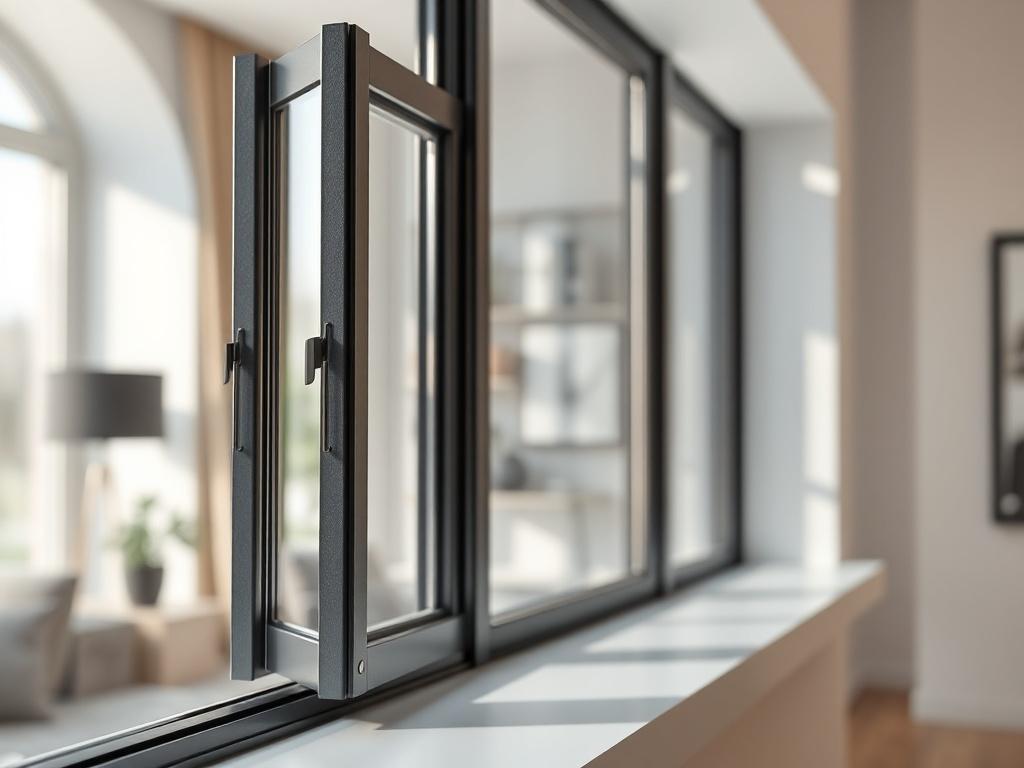 A high-resolution close-up shot of a beautifully designed PVC window, showcasing its sleek frame and modern features. The window is set against a soft-focus background of a stylish home interior, emphasizing natural light and elegance. The image should capture the details of the window's craftsmanship and any unique design elements. The composition should be simple and clear, focusing solely on the window itself.