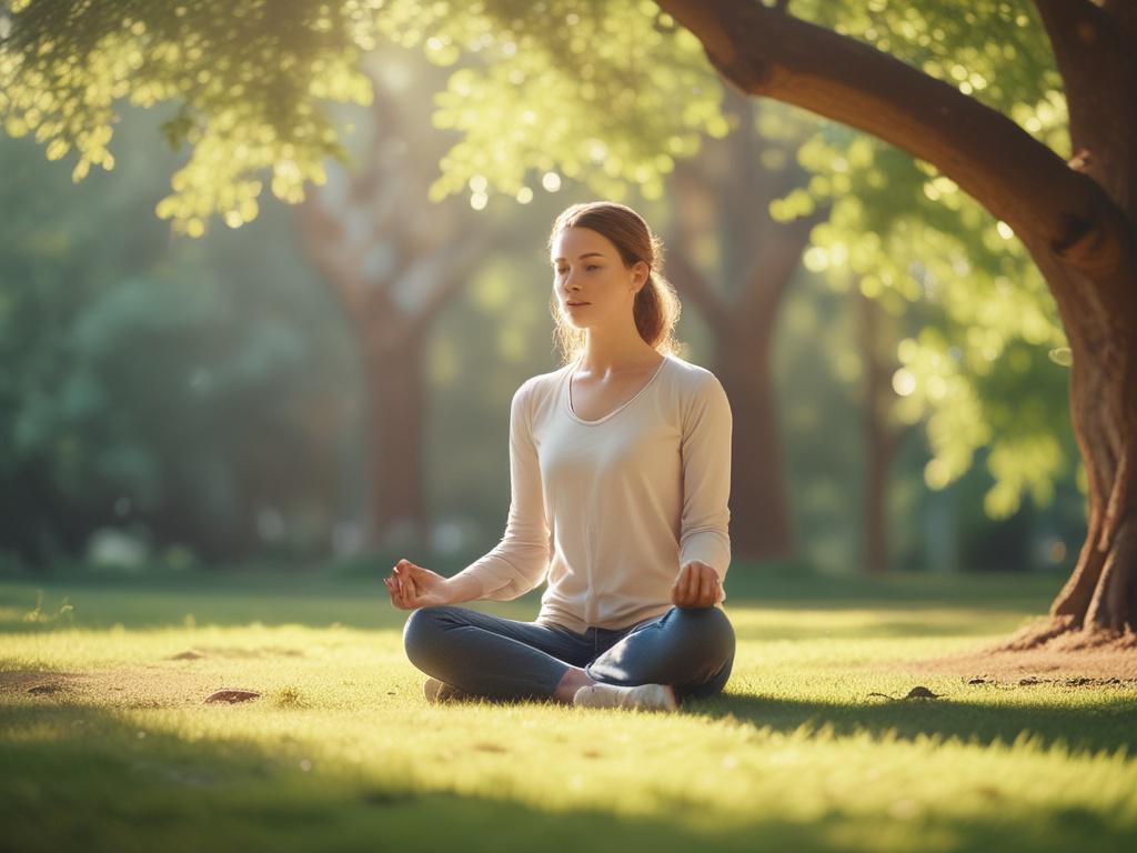 a serene outdoor scene with a person meditating in a
