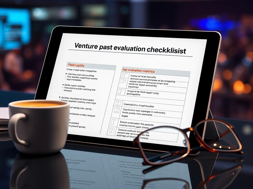 A realistic high-resolution image of a venture capital evaluation checklist displayed on a modern tablet, with a sleek background that conveys a tech-forward ambiance. The checklist should be partially visible, showing key evaluation metrics, with a coffee cup and glasses placed beside it. Shot with a 45mm f/1.2 lens.