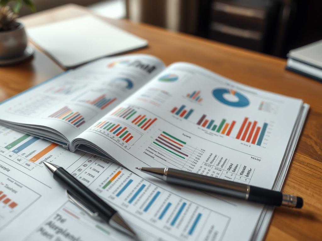 A realistic high-resolution close-up image of an open investment strategy workbook on a wooden desk, featuring colorful graphs, charts, and filled-out worksheets. The focus should be on the detailed content, with a pen lying next to it, and a subtle background suggesting a professional environment. Shot with a 45mm f/1.2 lens.