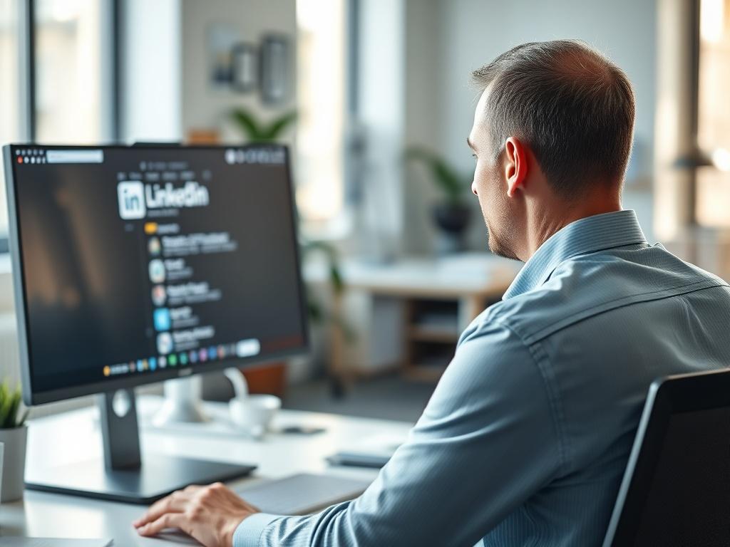 Close-up shot of a white male professional sitting at a bright office desk, seen over his shoulder. He is focused on a computer screen displaying LinkedIn, highlighting a clean and modern workspace with natural light filtering in. The background features soft, blurred elements of a well-organized office, emphasizing a professional atmosphere.