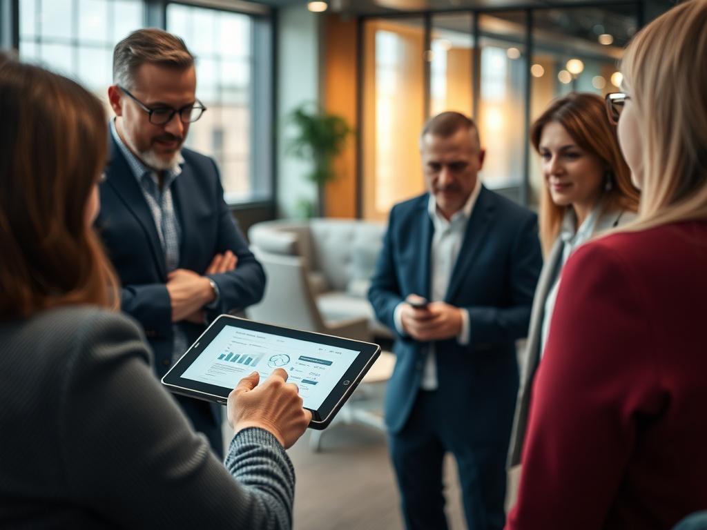 A close-up shot of a financial advisor presenting content on a tablet to a group of engaged clients in a modern office, with a warm ambiance, shot with a 45mm f/1.2 lens.