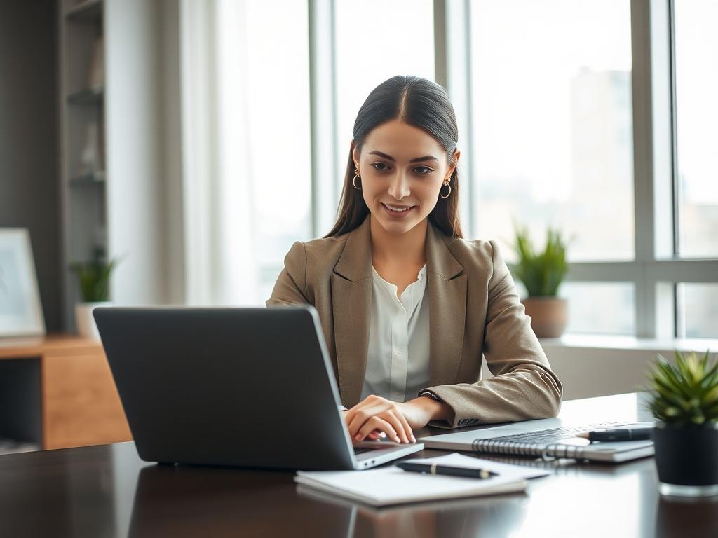 **AI Image Generation Prompt:**

Create a highly realistic, high-resolution photograph that encapsulates the concept of "Conversion Optimization." The composition should be simple and clear, featuring a single subject: a confident professional female consultant sitting at a modern desk, intently analyzing data on a laptop. She should have a focused expression, dressed in a smart, sophisticated business outfit, exemplifying authority and expertise.

The background should be a sleek, contemporary office space