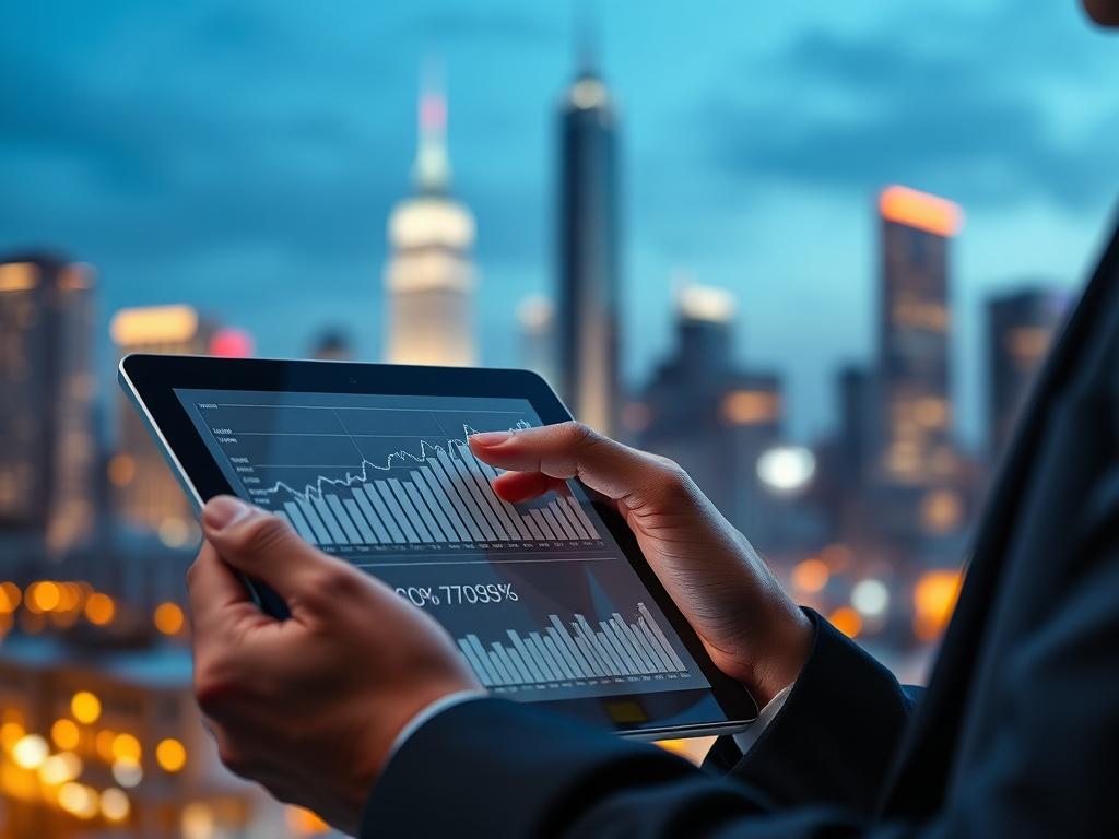 A close-up shot of a businessman analyzing financial graphs on a tablet, with a blurred city skyline in the background. The focus is on the tablet screen displaying upward trending graphs, with a warm, professional atmosphere.