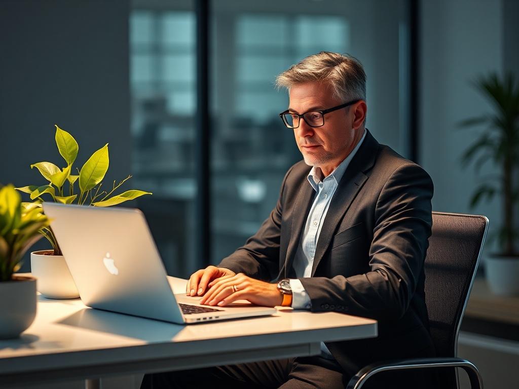 Create a realistic high-resolution photo that embodies the theme of "Unlocking Growth with AI Marketing Strategies." The composition should feature a single subject: a confident, professional marketer sitting at a sleek, modern desk, deeply engaged in analyzing data on a laptop. The marketer is a middle-aged person, dressed smartly in business attire, showcasing an expression of focus and determination. Surround the subject with elements that symbolize growth and technology, such as a plant with vibrant green leaves on one side, signifying natural growth, and digital graphs or charts displayed on the laptop screen, illustrating data analysis. 

The background should be minimalist, with soft-focus ergonomic office decor to maintain clarity and emphasize the subject. Use a warm color palette to convey a sense of approachability and professionalism, ensuring it harmonizes with the RGB color code (103, 127, 175). The lighting should be bright and inviting, enhancing the subject's features and creating a sense of inspiration and innovation, reflecting the revolution that AI brings to financial marketing.