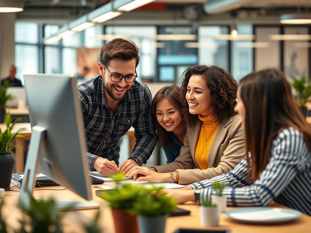 A marketing team actively working in a vibrant office, implementing a digital marketing campaign. Team members are collaborating, reviewing content on a computer screen, and discussing strategies. The environment is dynamic and energetic, reflecting a bustling workspace. High-resolution, hyper-realistic style, close-up shot.