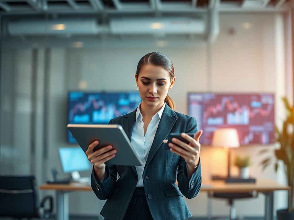 Create a realistic high-resolution photo that visually represents the theme of "Leveraging AI for Financial Growth." The composition should be simple and clear, featuring a single subject—a professional-looking human figure, preferably a woman in business attire, standing confidently while interacting with a sleek, modern tablet that displays data analytics or financial graphs. 

The subject should have an expression of concentration and determination, reflecting the empowerment that comes from utilizing AI