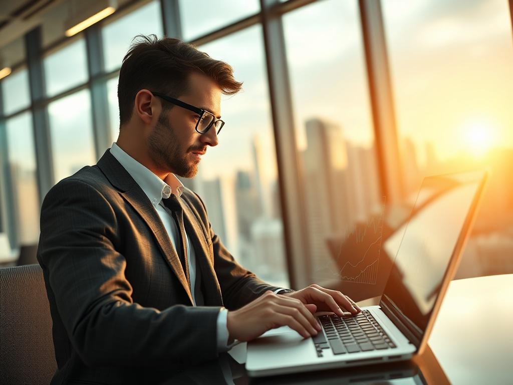 A close-up shot of a professional in a modern office setting, analyzing data on a sleek laptop with financial graphs on the screen. The background features a large window with a city skyline, symbolizing growth and opportunity. The focus is on the individual, showcasing determination and expertise, with warm lighting that creates an inviting atmosphere.