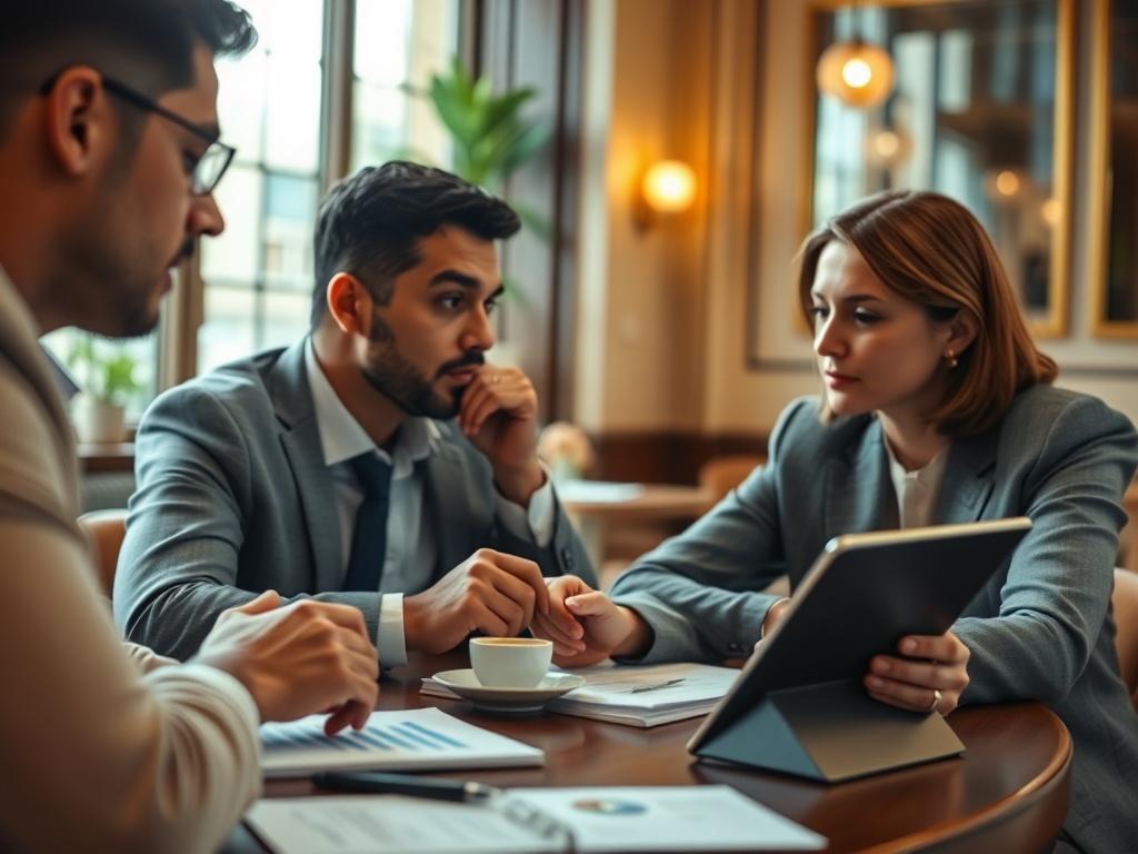 A serene close-up of a wealth manager consulting with a client over coffee in an upscale café. The table is adorned with financial documents and a tablet displaying investment strategies. The warm and inviting atmosphere reflects trust and personalized service, as the wealth manager listens intently, embodying expertise and a client-centered approach.