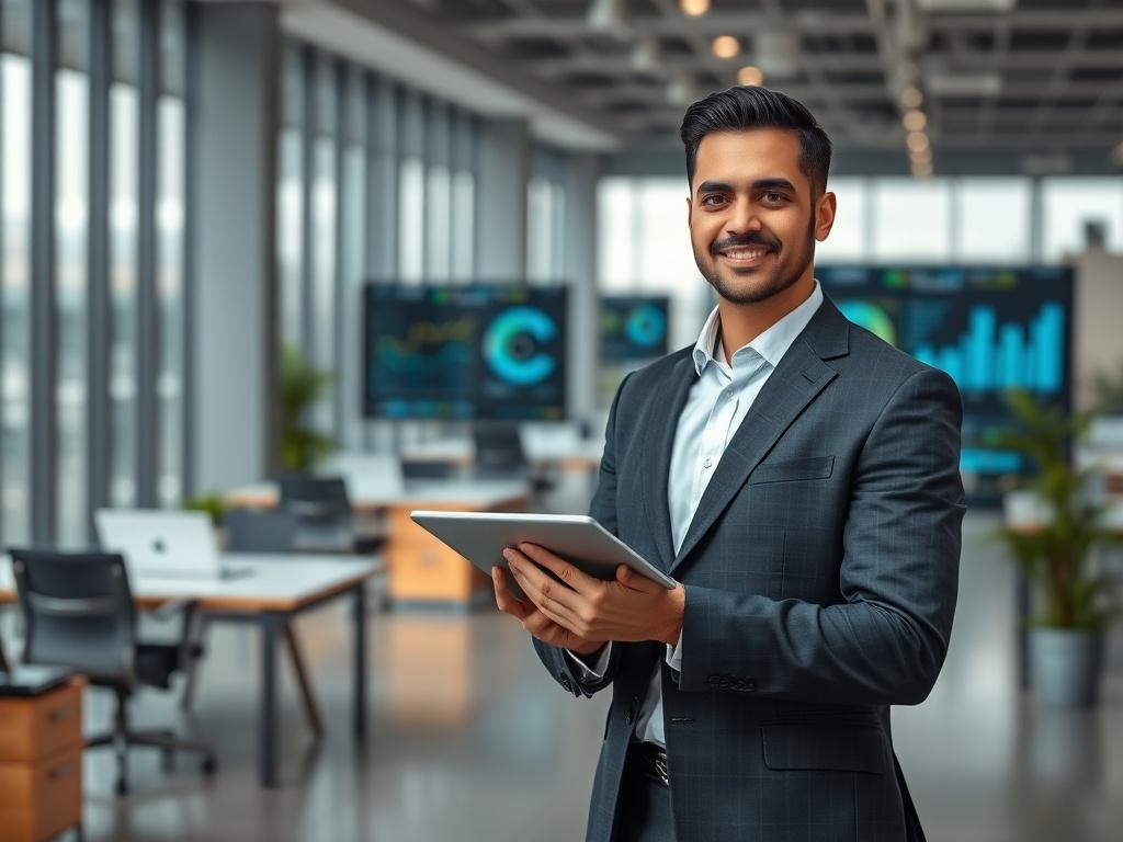 **AI Image Prompt:**

Create a realistic, high-resolution photo featuring a single, confident professional standing in a modern office environment, symbolizing the fusion of artificial intelligence and marketing in the financial services industry. The subject should be a diverse male or female marketing expert, dressed in smart business attire, holding a digital tablet displaying visual marketing analytics. This represents the integration of AI technology in marketing strategies.

The background should be c