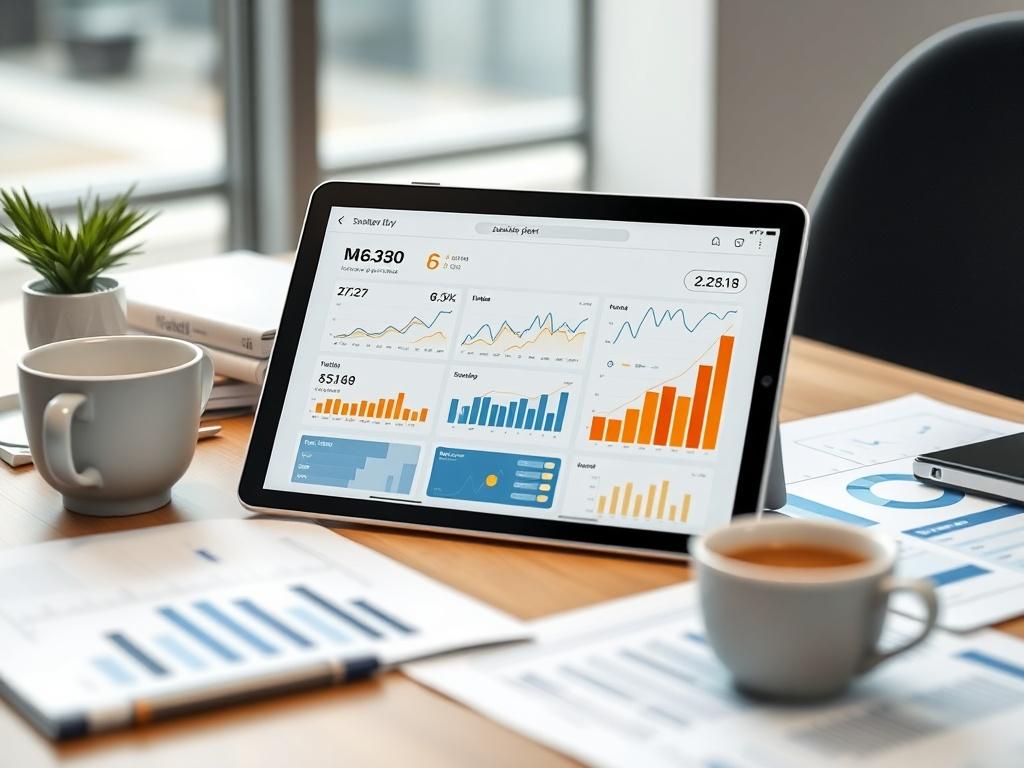 A close-up shot of a financial dashboard displayed on a tablet, showcasing impressive growth metrics and analytics. The background features a blurred modern workspace with financial documents and a cup of coffee, symbolizing productivity. The focus is on the tablet screen, which highlights the success achieved through Artificial Creators' marketing strategies. The image should convey innovation and effectiveness in financial marketing.