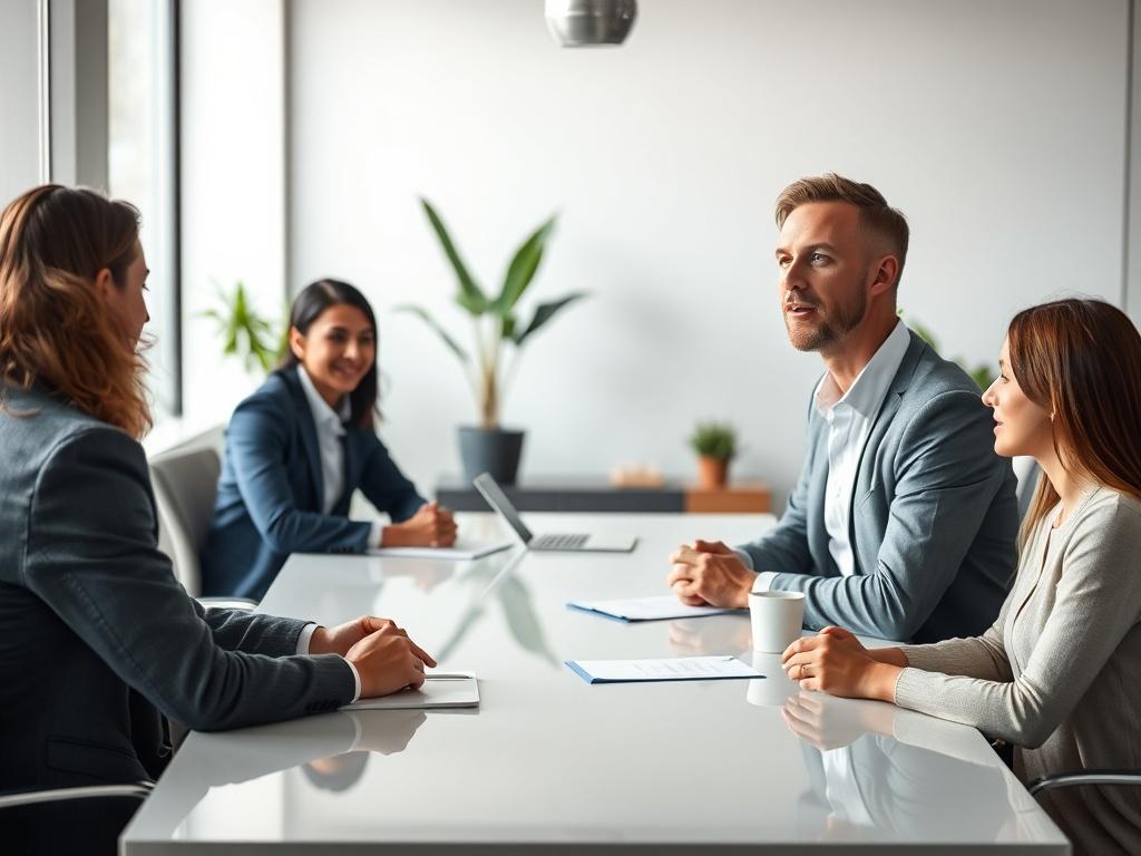 A serene and confident professional in a modern office setting, showcasing clarity and intelligence. The individual is engaged in a thoughtful discussion with a diverse group of colleagues around a sleek conference table. The background features soft, natural lighting, with elements of greenery and modern design. The focus should be on the human-centered interaction, emphasizing warmth and authenticity, captured in hyper-realistic detail.