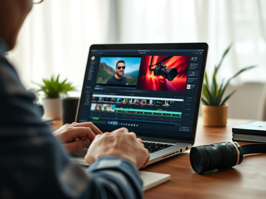 A close-up shot of a professional content creator editing multimedia content on a laptop. The setting should be a modern workspace with soft, natural lighting. The focus should be on the laptop screen displaying vibrant visuals and video editing software. The background should be slightly blurred, showcasing a neatly organized desk with creative tools like a camera and notepad, creating an atmosphere of productivity and creativity.