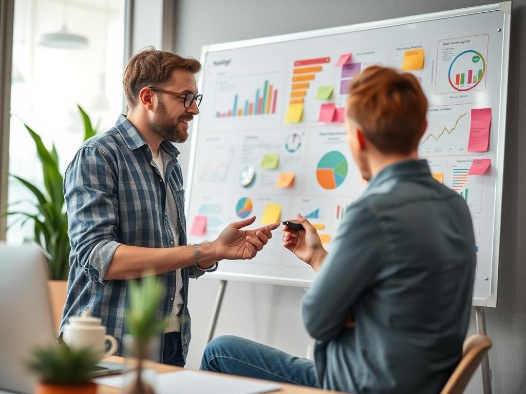 A close-up shot of a marketing strategist brainstorming ideas with a whiteboard filled with colorful charts and notes. The setting is an inviting workspace that fosters creativity.