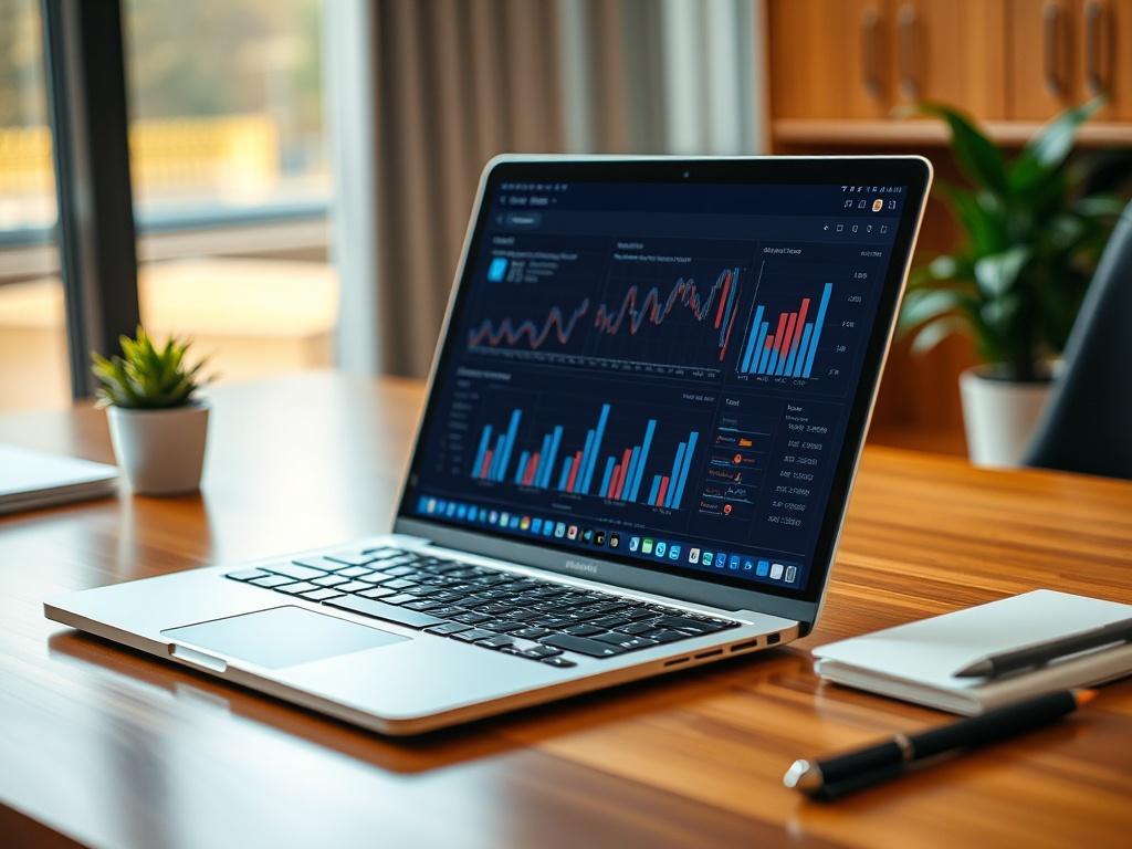 **Prompt for AI Image Generation:**

Create a high-resolution, hyper-realistic close-up photograph that visually represents the theme of AI in financial marketing. The image should feature a single subject: a sleek, modern laptop open on a polished wooden office desk, displaying a sophisticated analytics dashboard with graphs and charts reminiscent of financial data. The screen should reflect a digital interface, illustrating the use of AI, such as predictive analytics or customer segmentation.

The backgro