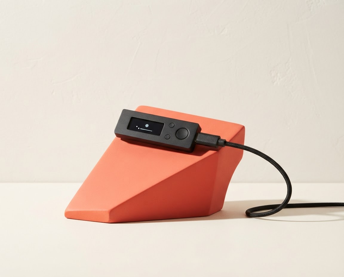 A compact black hardware wallet displayed on a warm studio plinth