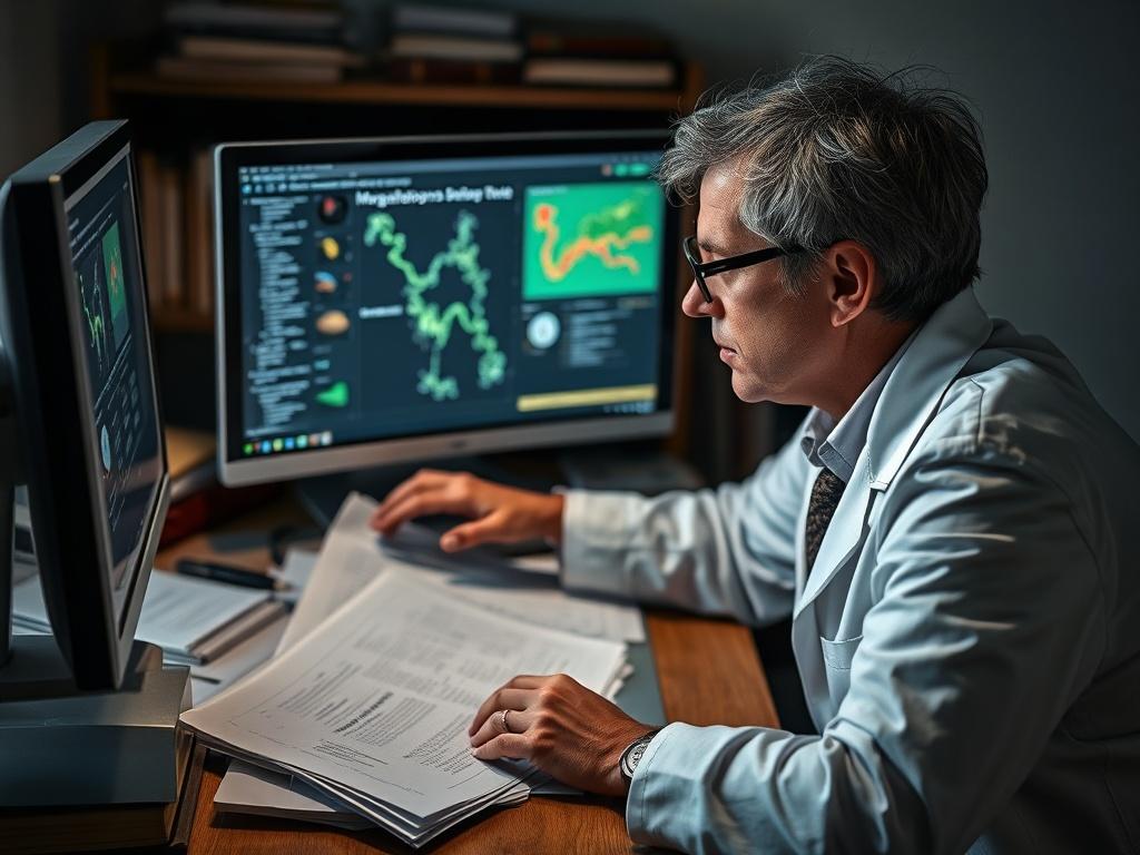 A high resolution image depicting a researcher analyzing data on