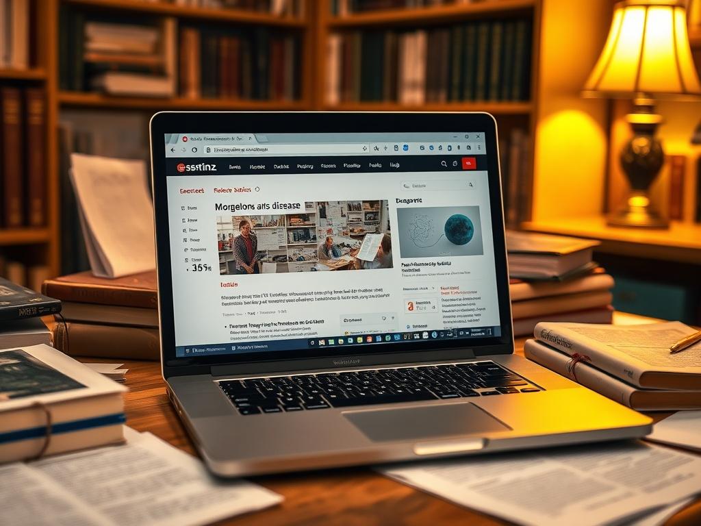An open laptop displaying a website filled with research articles and statistics about Morgellons disease, surrounded by books and papers. The setting is a cozy study room with warm lighting, emphasizing the importance of education and knowledge. Focus on the laptop and the surrounding materials.