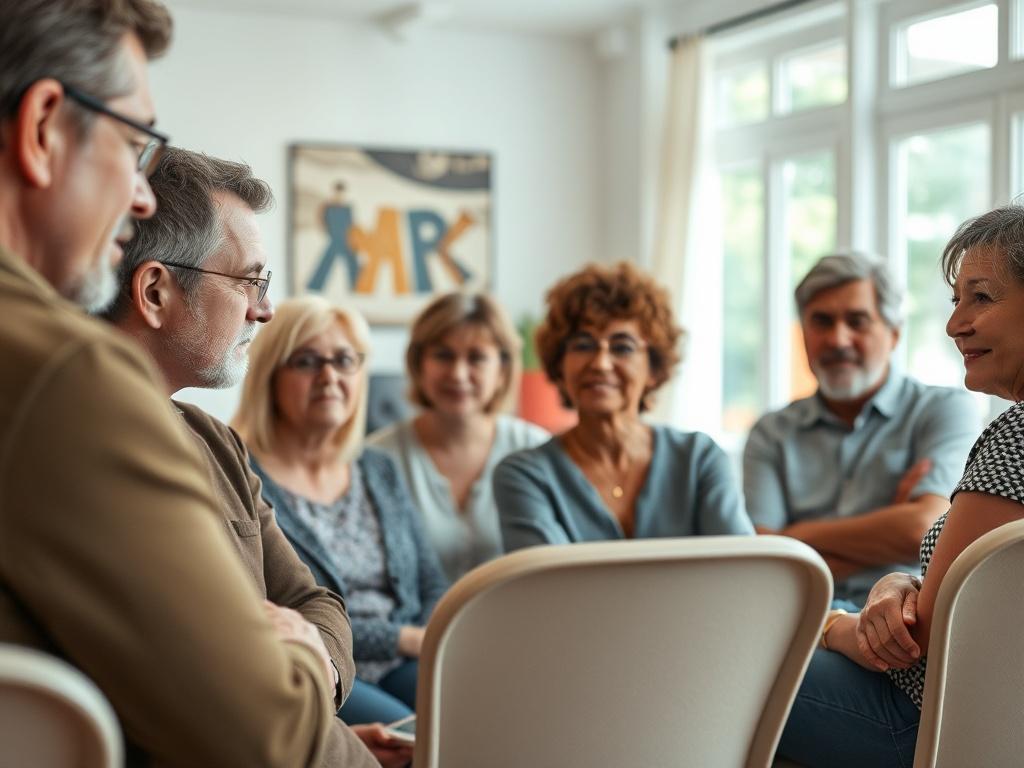 A diverse group of people engaged in a community meeting, sharing stories and experiences about Morgellons disease. The setting is a bright, welcoming room with chairs arranged in a circle, symbolizing support and connection. Focus on the expressions of empathy and understanding among the participants.