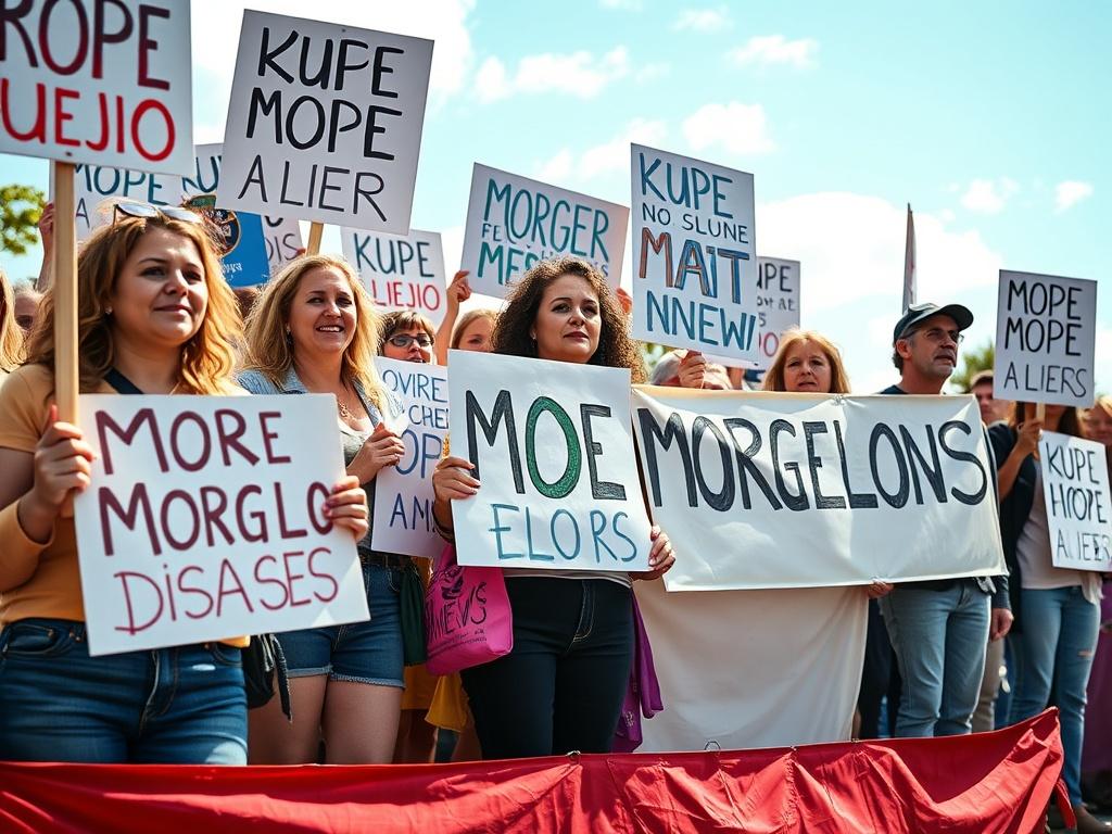 A passionate group of people holding signs and banners advocating for Morgellons disease awareness, with determined expressions. The background features a vibrant outdoor setting with clear skies, emphasizing hope and unity. Focus on the individuals, showcasing diversity and determination in their stance.
