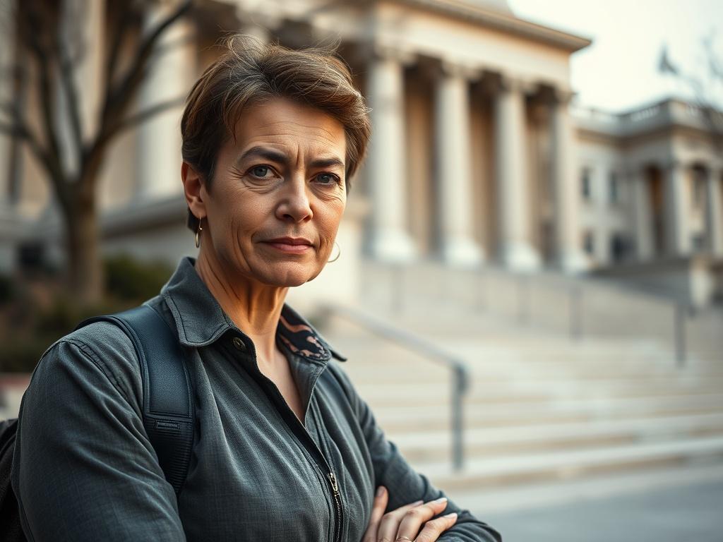 Create a highly realistic, high-resolution photograph that captures the theme of advocacy for government action on Morgellons disease. The composition should focus on a single subject: a determined individual, possibly a patient or an advocate, standing confidently in a well-lit environment. 

The subject should be positioned slightly off-center to the right, looking directly at the camera with an expression that conveys a mix of hope and determination. Attire should be casual yet professional, symbolizing 
