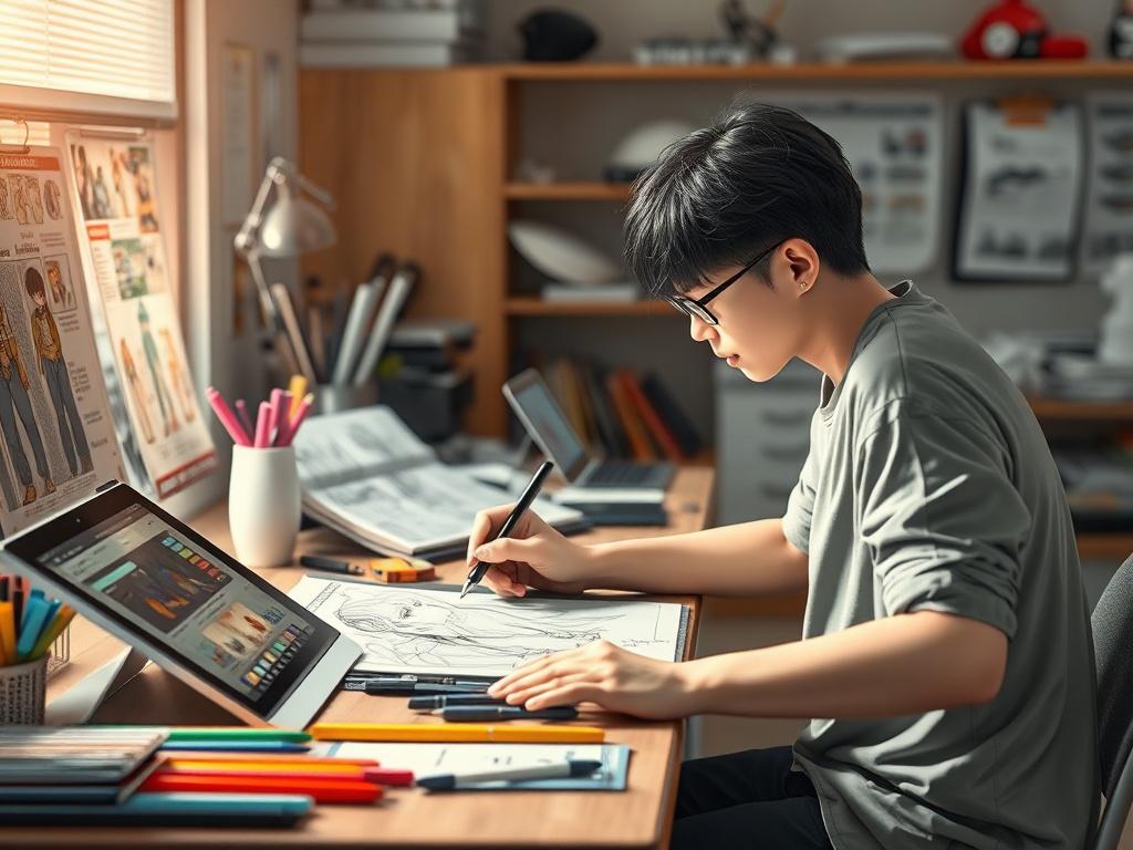 A photorealistic image of a creative workspace featuring a designer drawing character concepts for a manga. The workspace should be minimalistic with clean lines and bold vibrant colors, showing tools like sketchpads, digital tablets, and colorful markers. The background should be softly blurred to emphasize the designer at work, capturing the essence of creativity and the production of anime and manga.