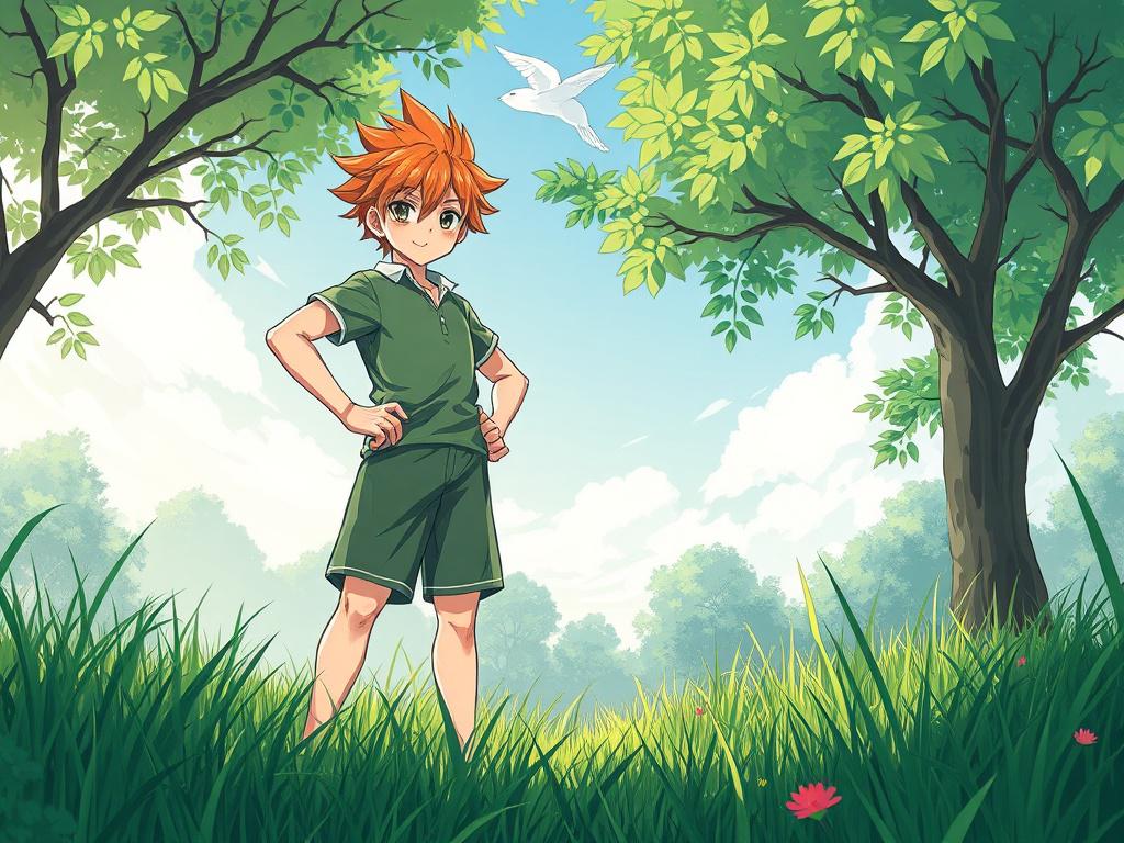 A detailed illustration of a vibrant anime character standing heroically in a lush, green environment, with clean lines and bold colors, emphasizing the theme of environmental preservation. The background features a minimalistic design with natural elements like trees and clear skies, all rendered in photorealistic detail.