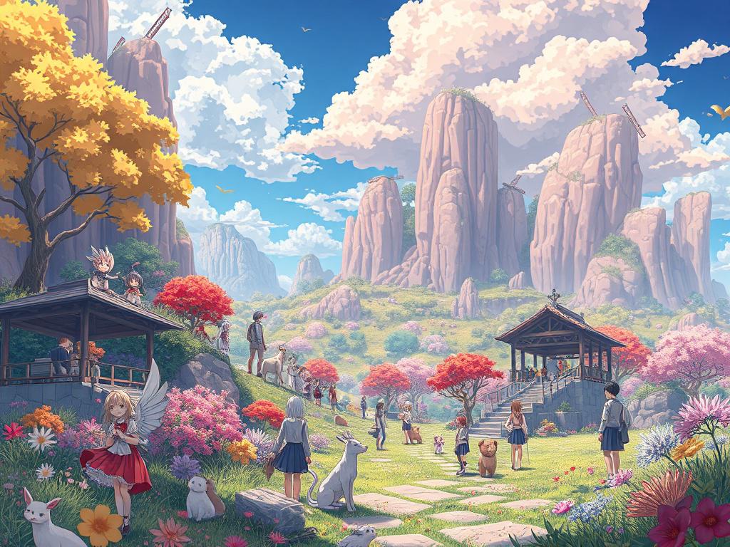 A realistic high resolution depicting a vibrant anime landscape filled
