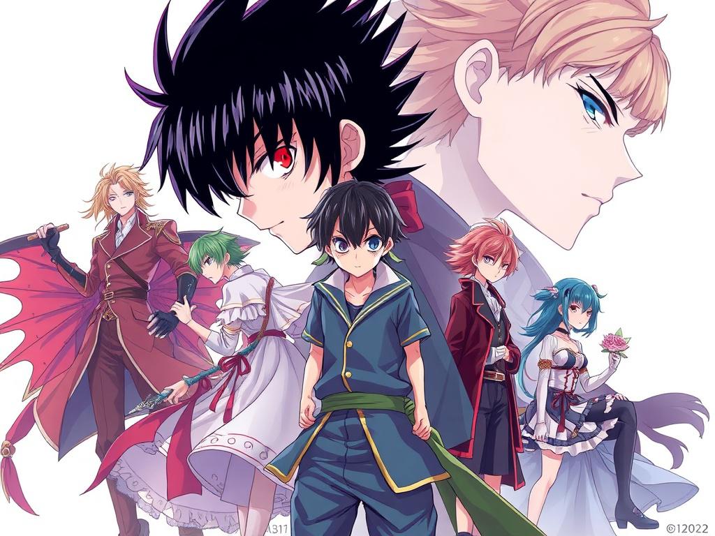An artistic representation of a character collection from a manga, showcasing a variety of unique characters in dynamic poses. Each character should be depicted in a highly detailed and realistic style, with vibrant colors and intricate designs that reflect their personalities. The background should be minimalistic, focusing on the characters, with subtle hints of the manga's world, ensuring the primary color theme is integrated throughout the composition.