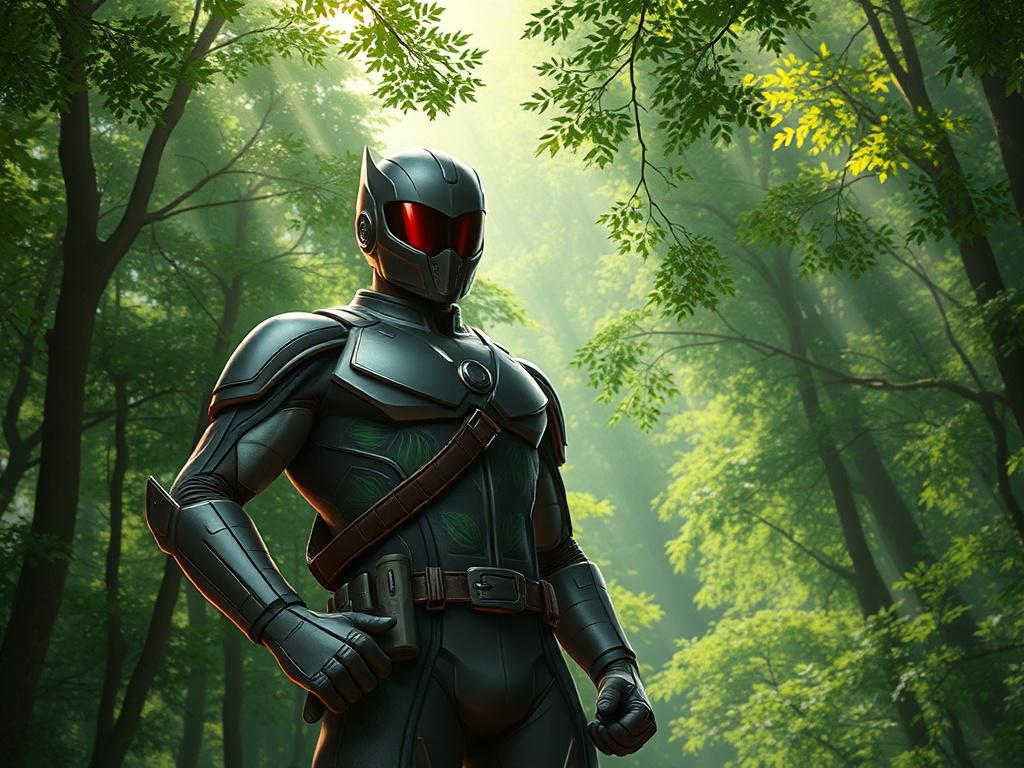 Create a realistic high-resolution image showcasing a heroic character from "Comando Alfa," embodying the essence of environmental guardianship. The character should be depicted in a dynamic pose, exuding strength and determination, wearing a sleek, modern suit that incorporates elements of nature, such as leaf patterns or earth tones, symbolizing their commitment to a clean environment.

The background should be minimalistic yet striking, featuring a vibrant landscape of a lush green forest, with beams of 