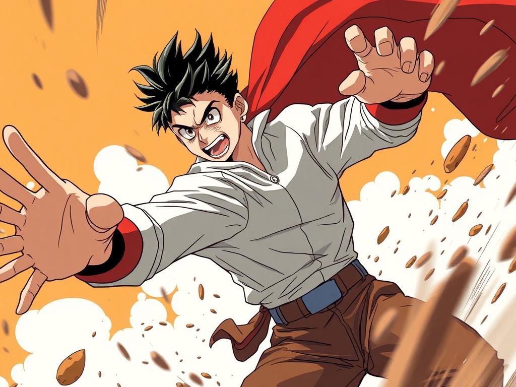 A dynamic animation scene showcasing a key moment from a manga, featuring a hero in mid-action, capturing a sense of motion and excitement. The hero should be illustrated in a realistic style with bold colors and fine details, emphasizing their expressions and movements. The background should be simple yet effective, highlighting the action without distractions, while incorporating elements that resonate with the vibrant color scheme.