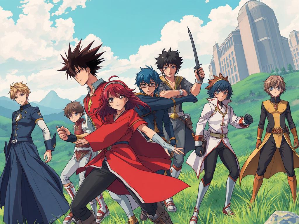 A captivating scene from a manga episode, featuring a diverse group of heroes in action poses, set against a vivid, fantasy landscape. The characters should be drawn in a detailed, realistic style with clean lines and bold colors, highlighting their unique designs and expressions. The background should have minimalistic elements that emphasize the characters without distractions, using a harmonious color palette that includes vibrant greens to align with the primary color theme.