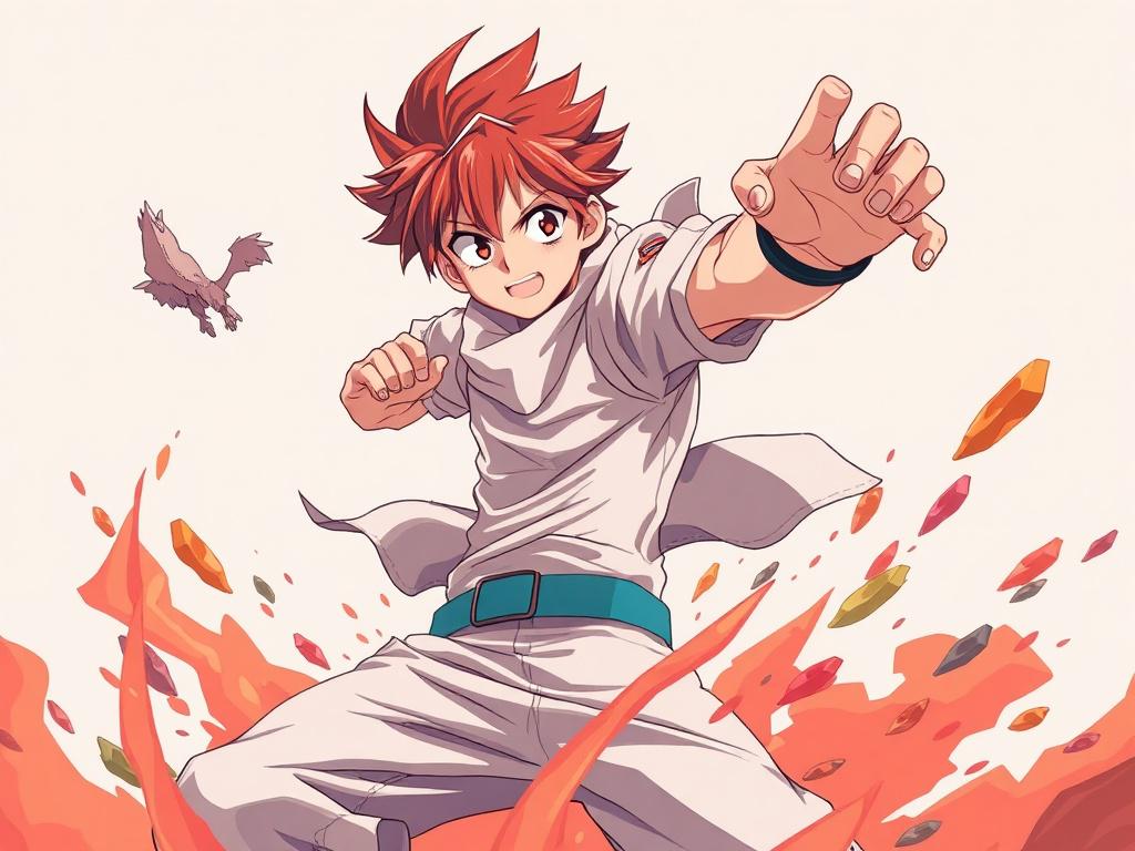 A detailed and photorealistic illustration of a storyboard scene featuring a dynamic character from a manga, showcasing vibrant colors and a clean minimalist style. The character should be in an action pose with a strong expression, surrounded by elements that represent their unique traits. The background should be simple yet evocative, emphasizing the character. The overall color palette should include the primary color rgb(50, 170, 39) to create a cohesive theme.