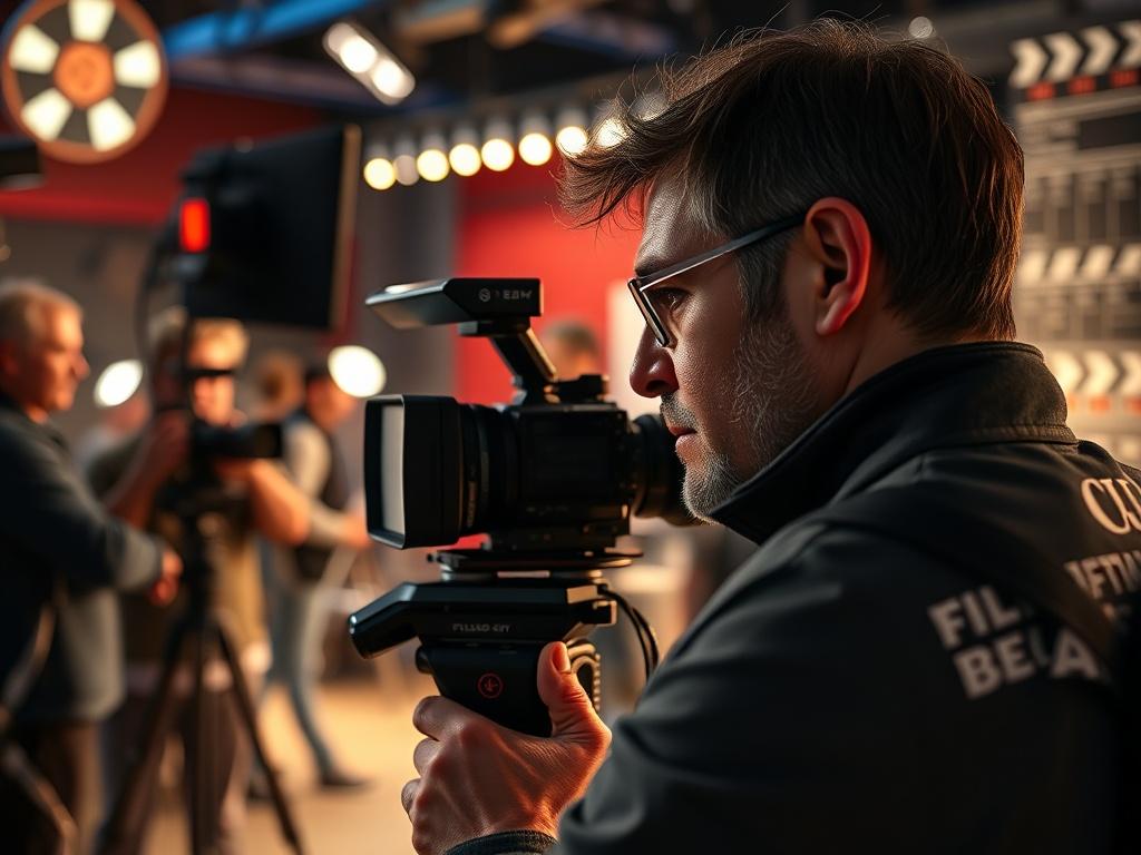A close up shot of a film director on set,