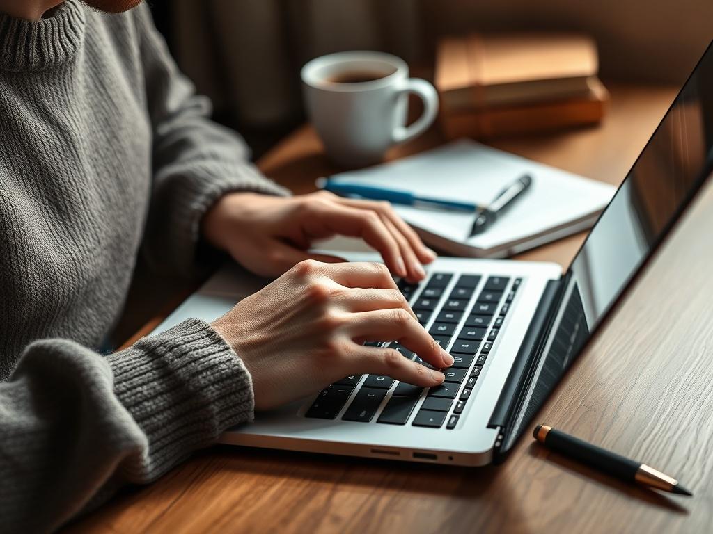 A close up shot of a writer typing on a