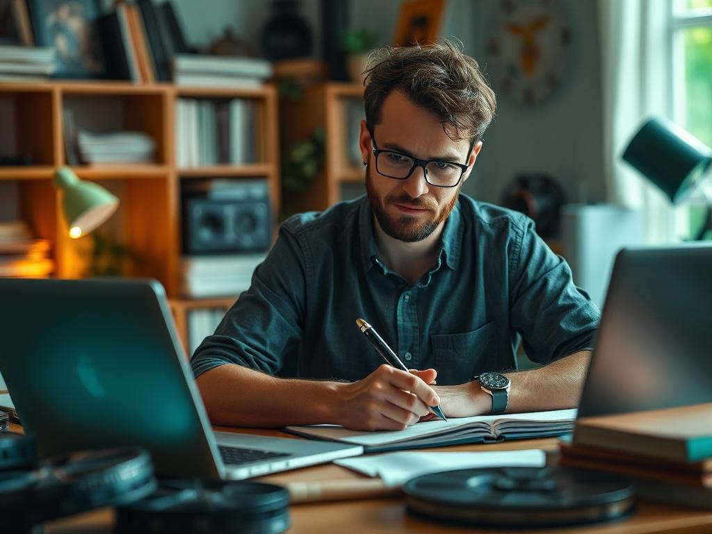 A close-up shot of a creative professional working on a film script at a desk, surrounded by film reels, books, and a laptop. The background should be softly blurred, highlighting the focus on the subject. The lighting should be warm and inviting, with a rich green cast reflecting the primary color rgb(50, 170, 39) to create a vibrant atmosphere.