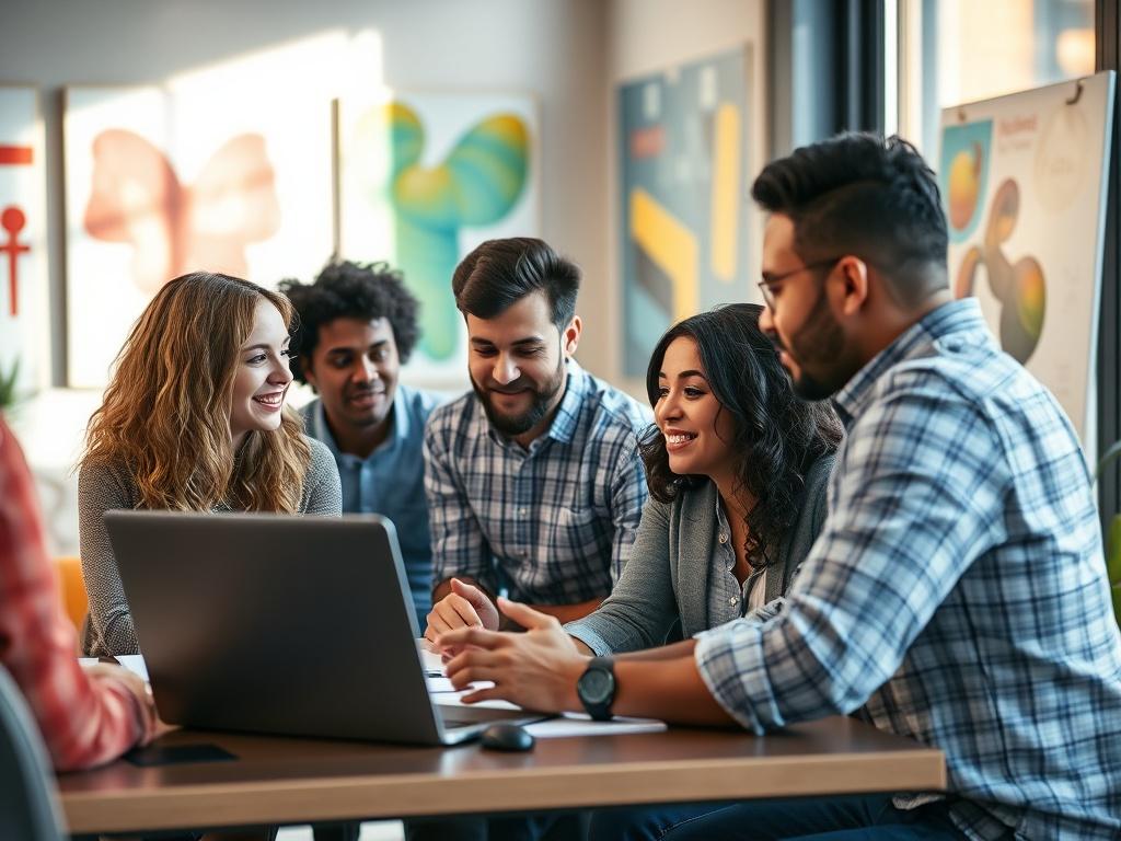 A hyper-realistic close-up shot of a diverse team of creative professionals collaborating in a modern workspace. The scene captures individuals engaged in discussions, with laptops and storyboards in view. The background features bright, inspiring artwork and natural light streaming in through large windows. The composition should focus on the teamwork and creative energy, emphasizing unity and passion in the creative process.