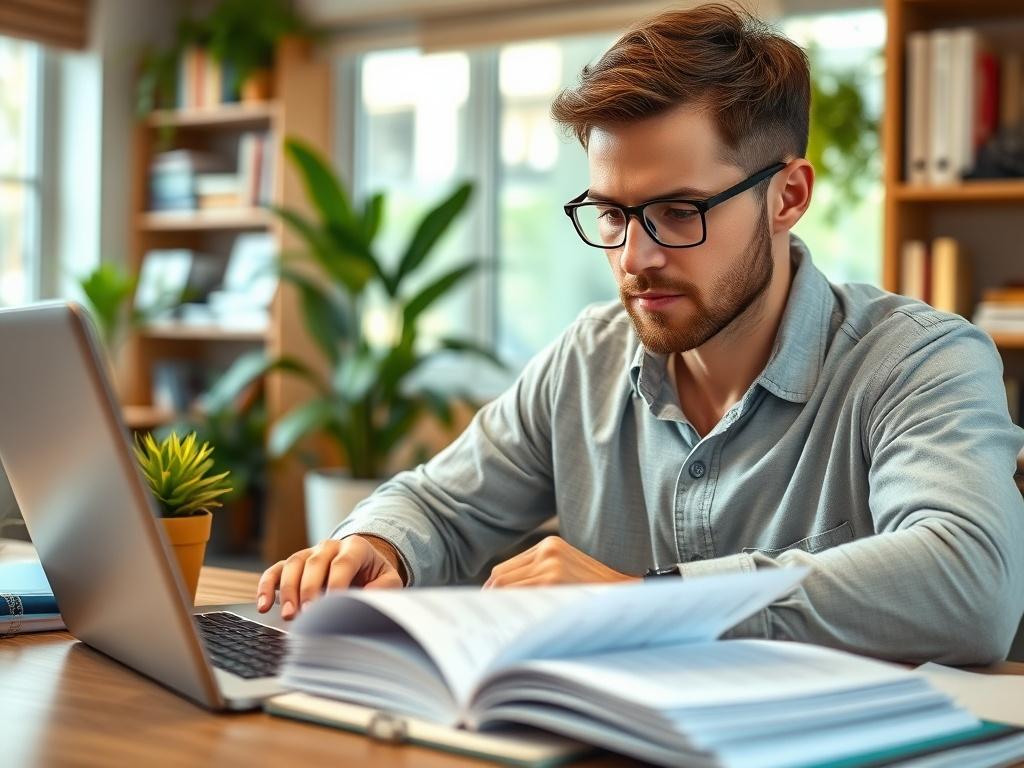 An author reviewing their manuscript, sitting at a desk with a laptop and printed pages. The setting is a bright, inviting office with bookshelves and plants in the background. The close-up shot captures the author's focused expression, highlighting their determination.