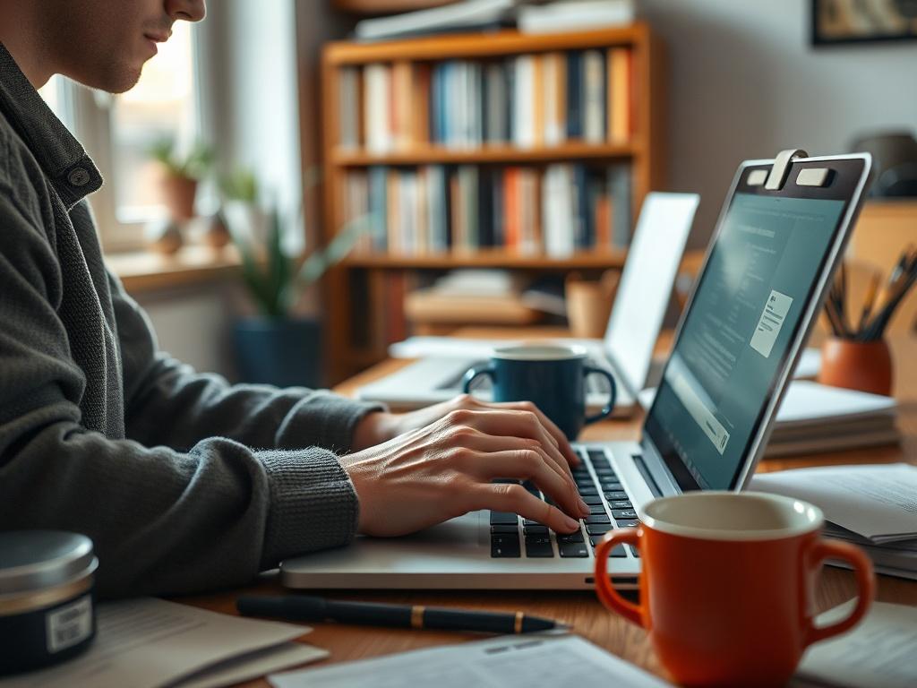 A writer deep in thought, typing on a laptop in a cozy, well-lit workspace. Papers and coffee cups are scattered around, indicating creativity in progress. The close-up shot focuses on the writer's hands on the keyboard, with a blurred background showcasing a bookshelf.