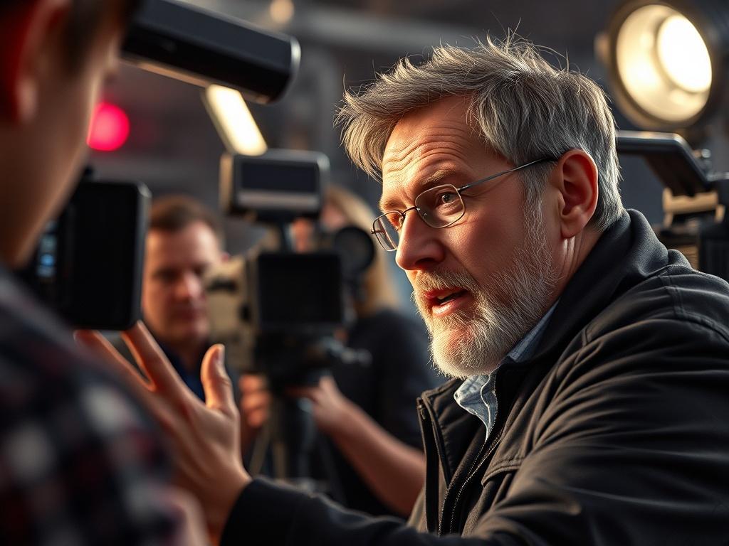 A film director on set, passionately discussing with the crew. The background shows film equipment and lights, creating a dynamic filming atmosphere. The focus is on the director's expressive face, captured in a close-up shot with a 45mm f/1.2 lens style.