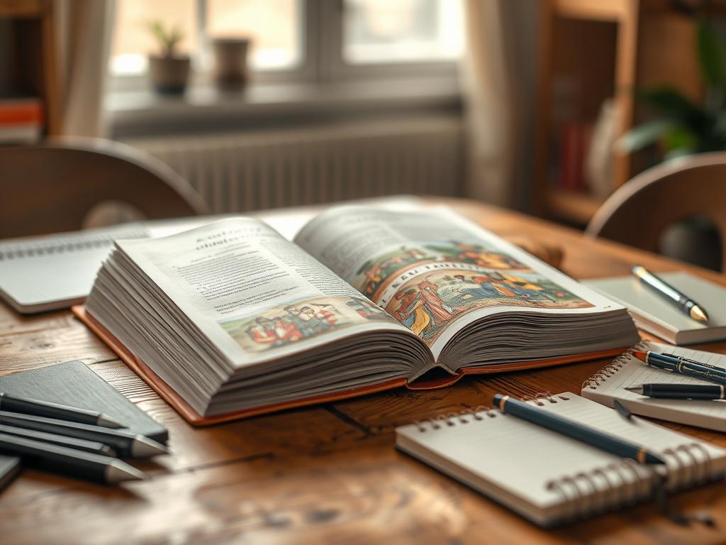 A close-up shot of an open anthology book on a wooden table, surrounded by pens and notebooks. The book features vibrant cover art reflecting local culture. The setting is warm and inviting, with natural light streaming in, creating an atmosphere of creativity and inspiration.