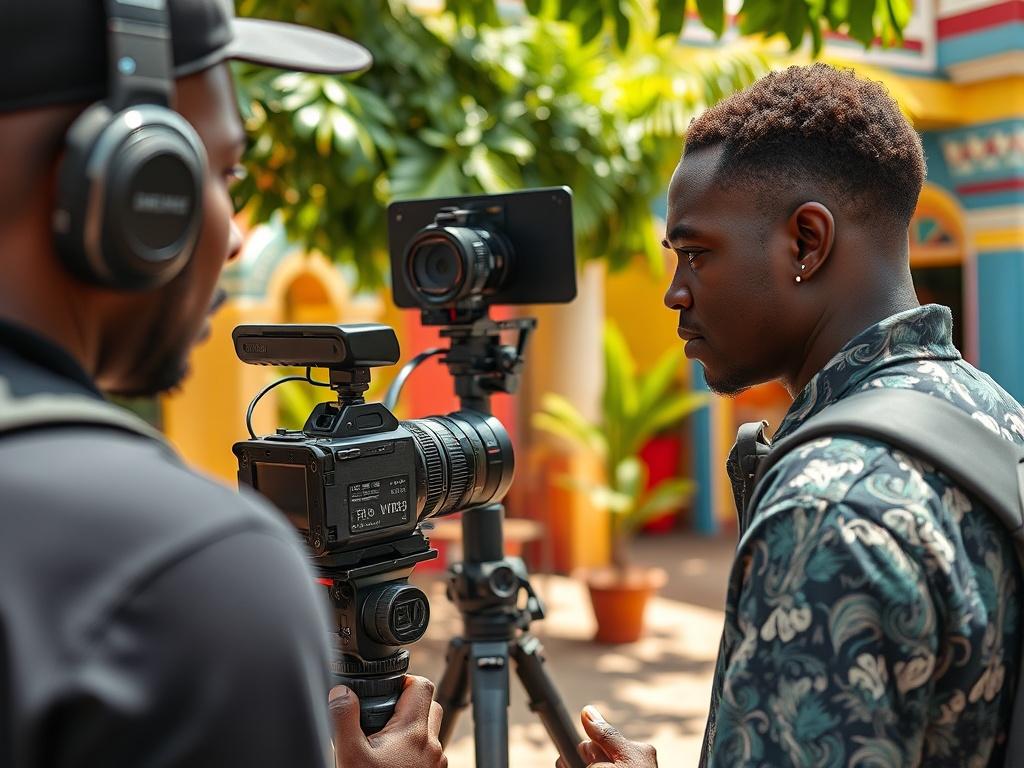 A close-up shot of a film crew filming a scene in a vibrant outdoor location in Accra, Ghana. The crew is actively engaged, capturing a dynamic moment with a camera on a tripod. The background features lush greenery and colorful local architecture, emphasizing the cultural richness of the setting. The lighting is bright and natural, creating an inviting atmosphere.