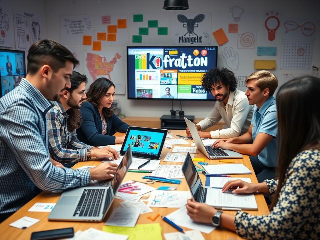 A close-up shot of a creative team brainstorming around a table filled with notes and laptops, with vibrant visuals of the campaign displayed on screens. The atmosphere is lively and collaborative, showcasing diverse team members actively discussing ideas. The background includes colorful graphics and sketches related to the campaign, reflecting creativity and innovation.