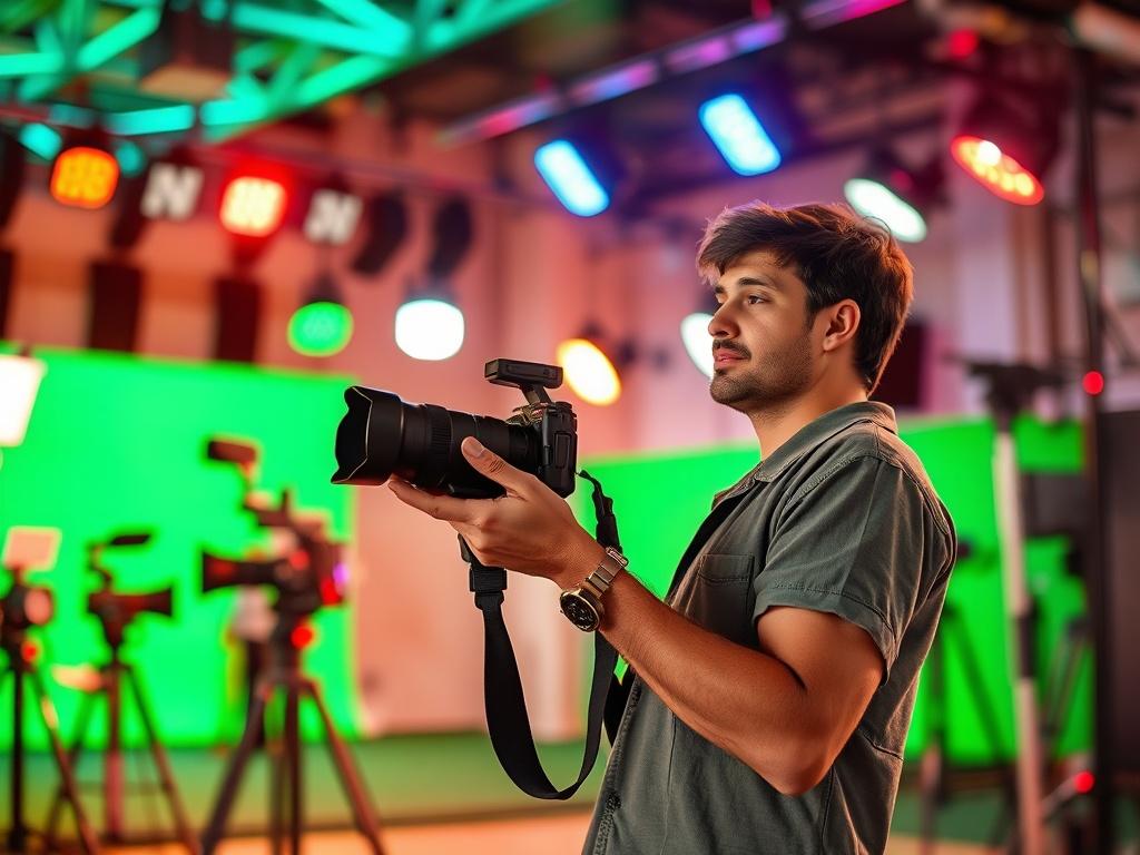 **AI Image Generation Prompt:**

Create a realistic high-resolution photo that captures the essence of "Emerging Trends in Film Production." The composition should be simple and clear, featuring a single subject: a professional filmmaker standing in front of a modern film set. The filmmaker should be mid-30s, wearing casual yet stylish clothes, holding a digital camera and looking intently at the scene before them, symbolizing creativity and innovation in the film industry. 

The background should showcase 