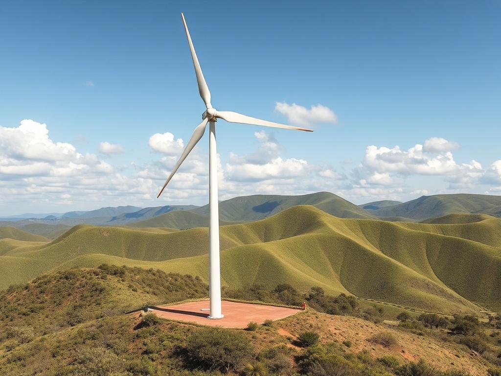 A high-resolution image of a wind turbine standing tall against a backdrop of rolling green hills in Africa. The turbine's blades are in motion, capturing the wind's energy, while a clear sky with scattered clouds adds depth to the scene. The focus should be on the turbine, highlighting its importance in the clean energy landscape.